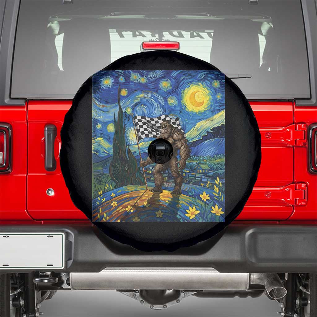 Bigfoot Racing Spare Tire Cover Sasquatch Checkered Flag Starry Night Van Gogh - Wonder Print Shop