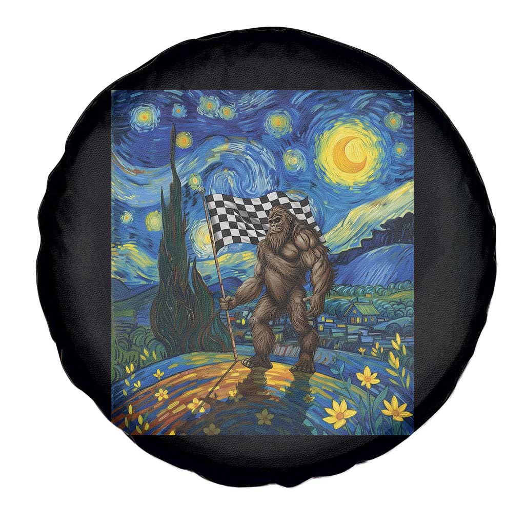 Bigfoot Racing Spare Tire Cover Sasquatch Checkered Flag Starry Night Van Gogh - Wonder Print Shop