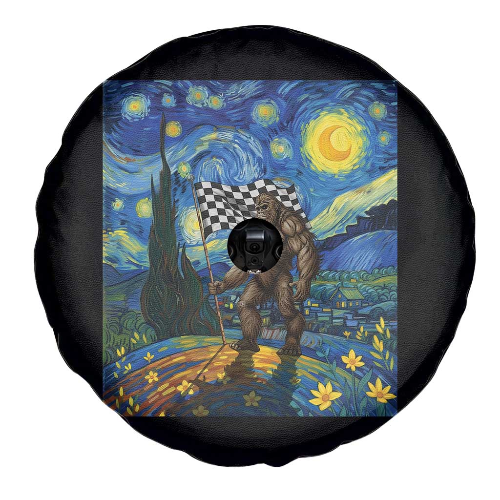 Bigfoot Racing Spare Tire Cover Sasquatch Checkered Flag Starry Night Van Gogh - Wonder Print Shop