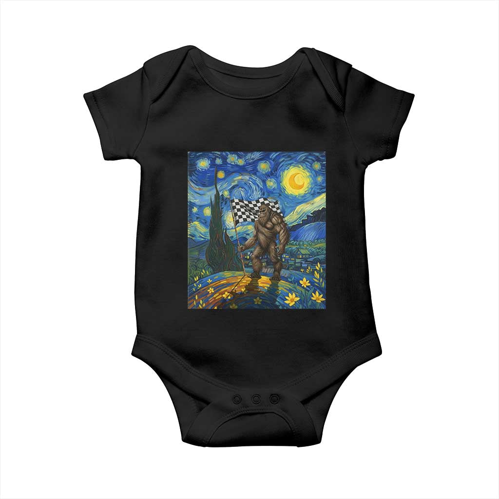 Bigfoot Racing Baby Onesie Sasquatch Checkered Flag Starry Night Van Gogh - Wonder Print Shop