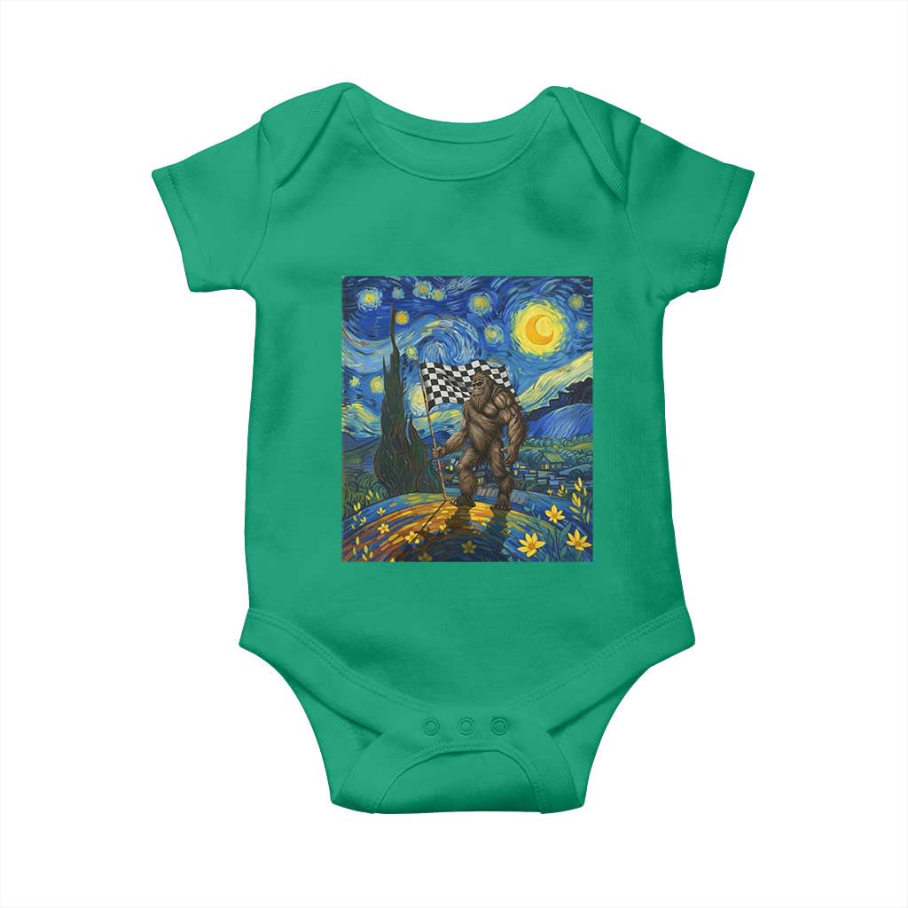Bigfoot Racing Baby Onesie Sasquatch Checkered Flag Starry Night Van Gogh - Wonder Print Shop