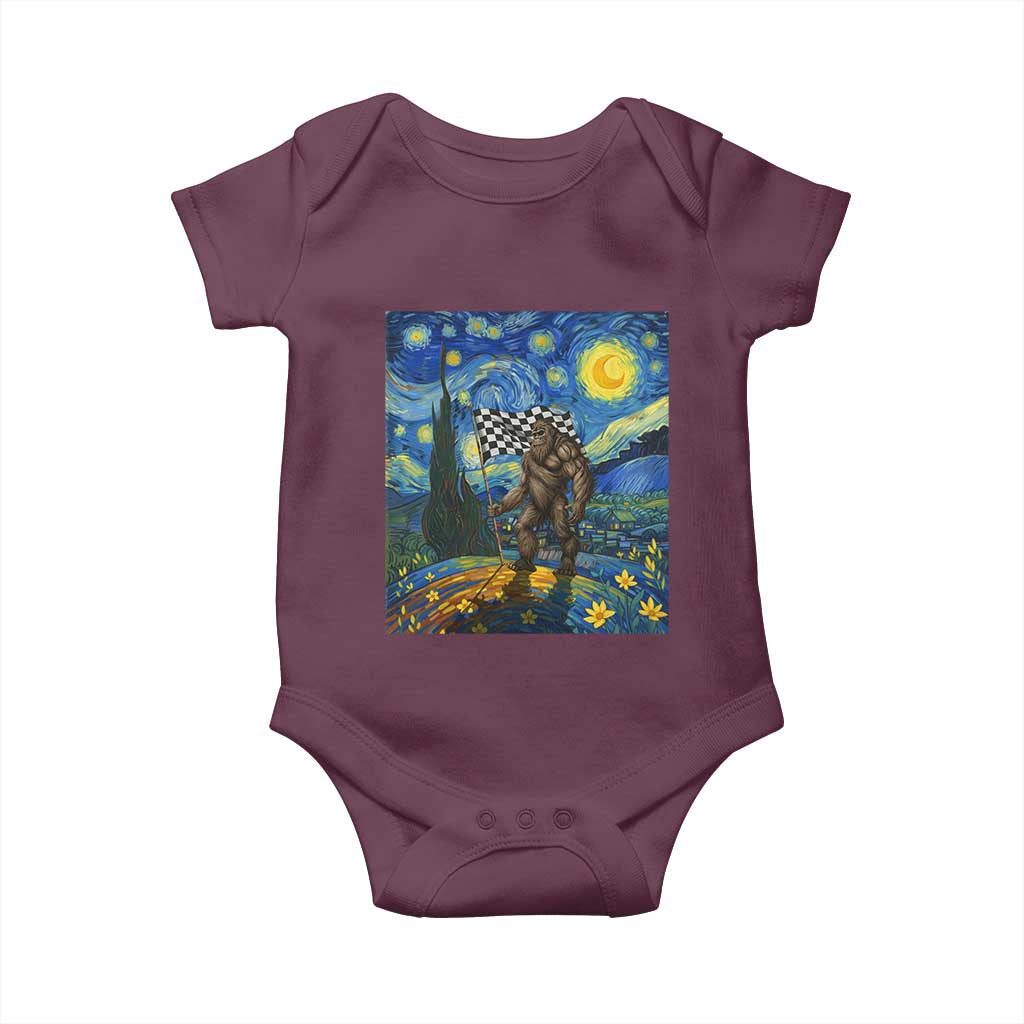 Bigfoot Racing Baby Onesie Sasquatch Checkered Flag Starry Night Van Gogh - Wonder Print Shop