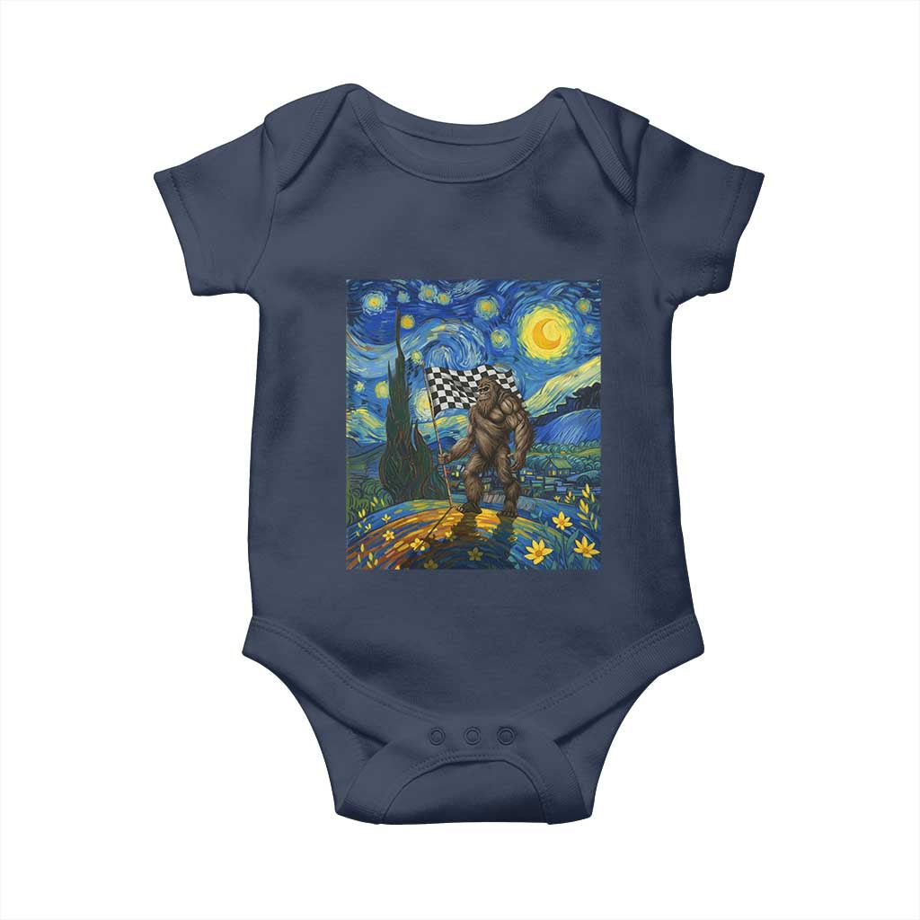Bigfoot Racing Baby Onesie Sasquatch Checkered Flag Starry Night Van Gogh - Wonder Print Shop