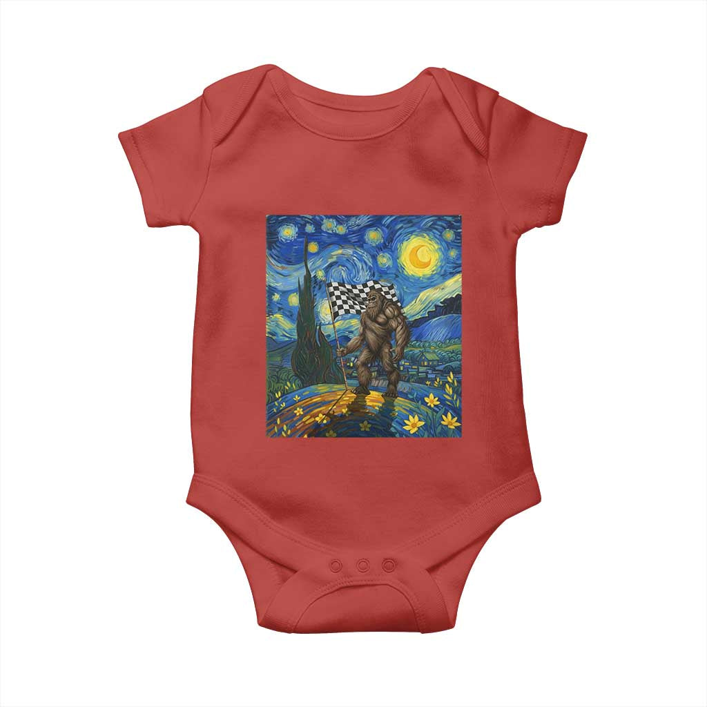 Bigfoot Racing Baby Onesie Sasquatch Checkered Flag Starry Night Van Gogh - Wonder Print Shop