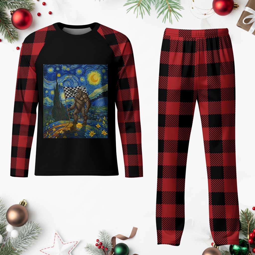 Bigfoot Racing Plaid Pajama Set Sasquatch Checkered Flag Starry Night Van Gogh - Wonder Print Shop