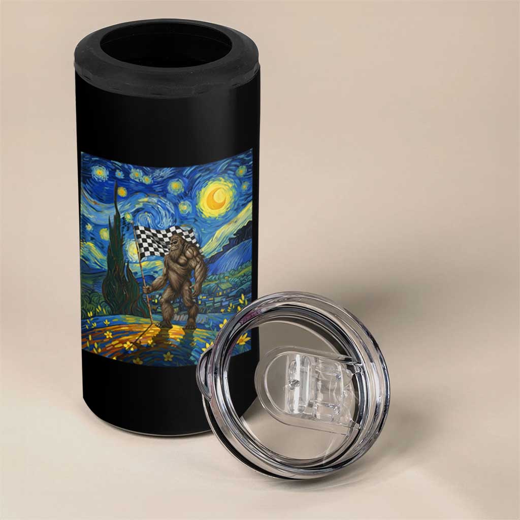 Bigfoot Racing 4 in 1 Can Cooler Tumbler Sasquatch Checkered Flag Starry Night Van Gogh