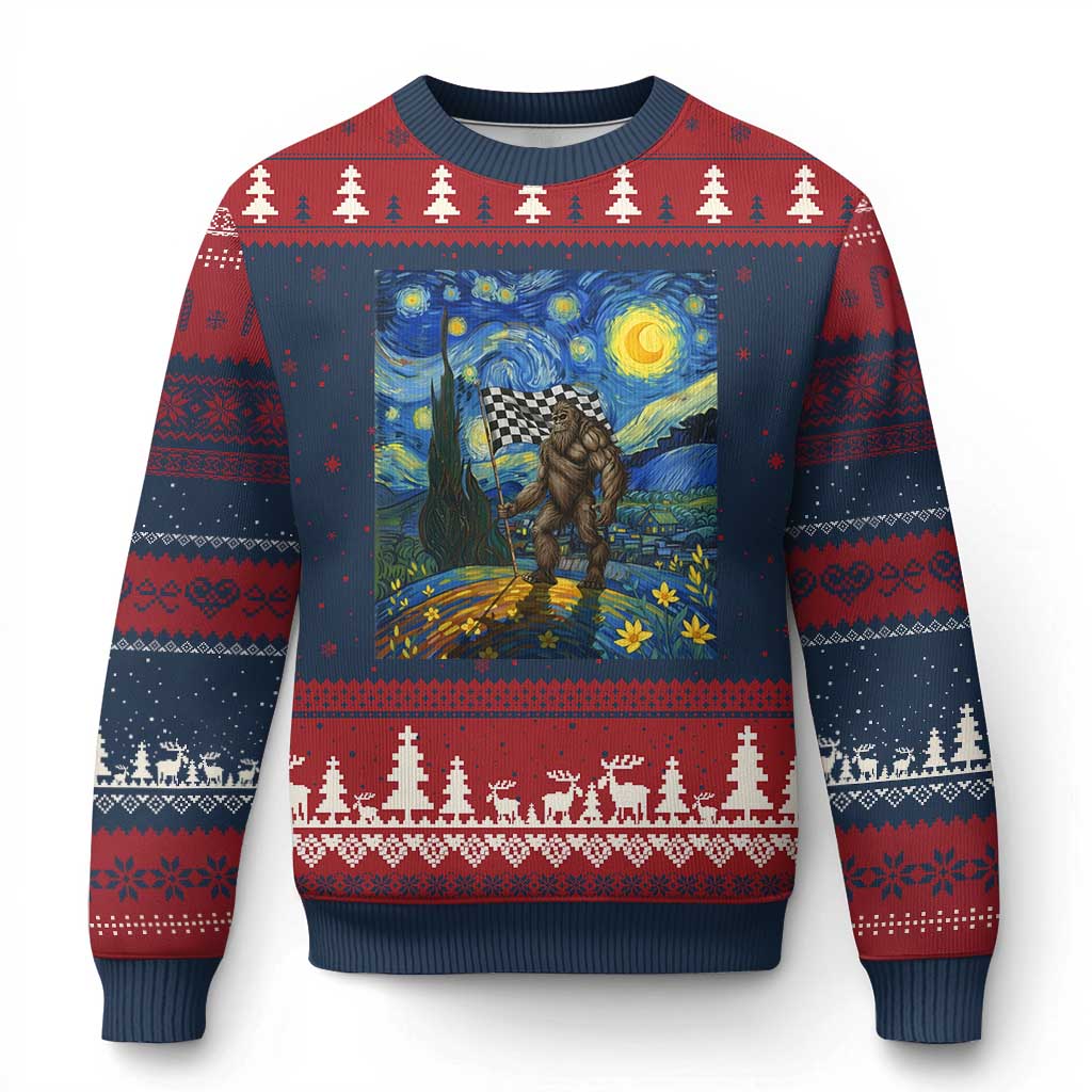 Bigfoot Racing Ugly Christmas Sweater Sasquatch Checkered Flag Starry Night Van Gogh - Wonder Print Shop