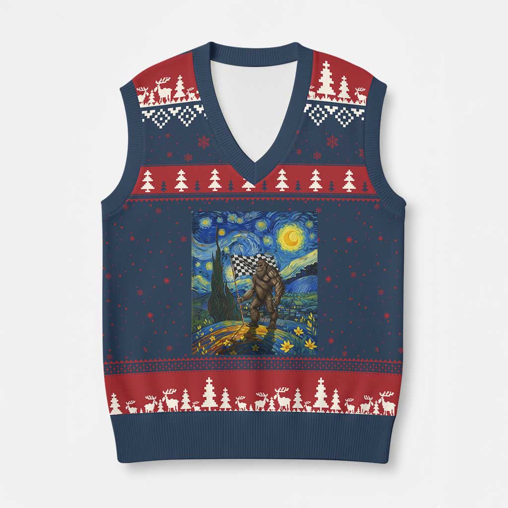 Bigfoot Racing V-Neck Knit Sweater Vest Sasquatch Checkered Flag Starry Night Van Gogh - Wonder Print Shop