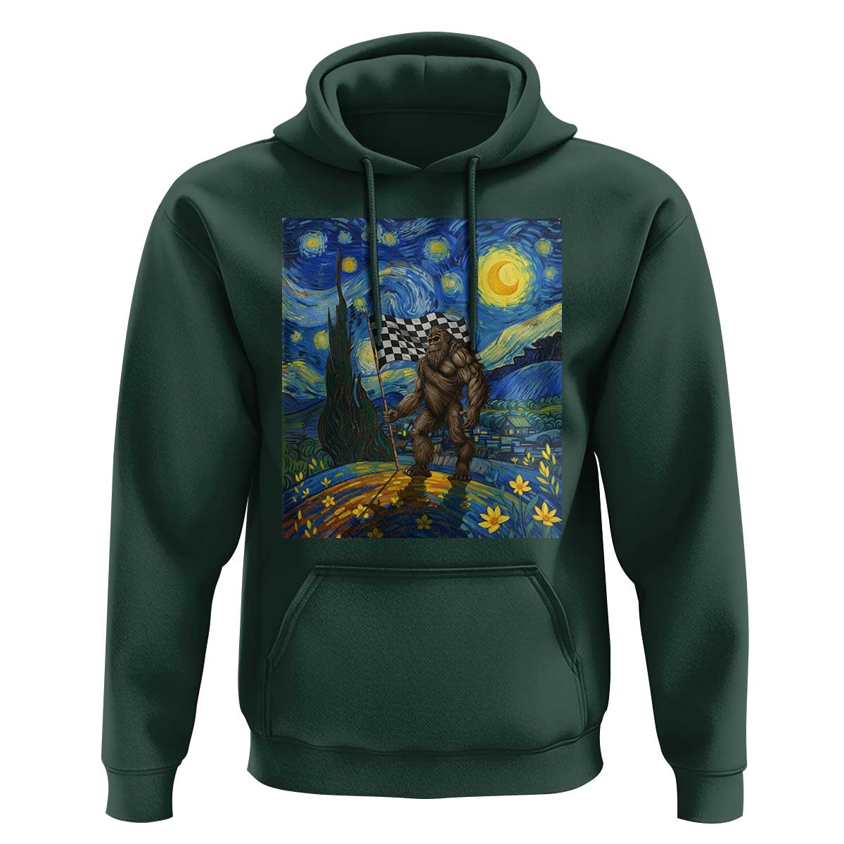 Bigfoot Racing Hoodie Sasquatch Checkered Flag Starry Night Van Gogh - Wonder Print Shop