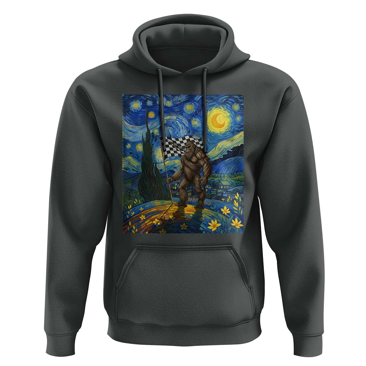 Bigfoot Racing Hoodie Sasquatch Checkered Flag Starry Night Van Gogh - Wonder Print Shop