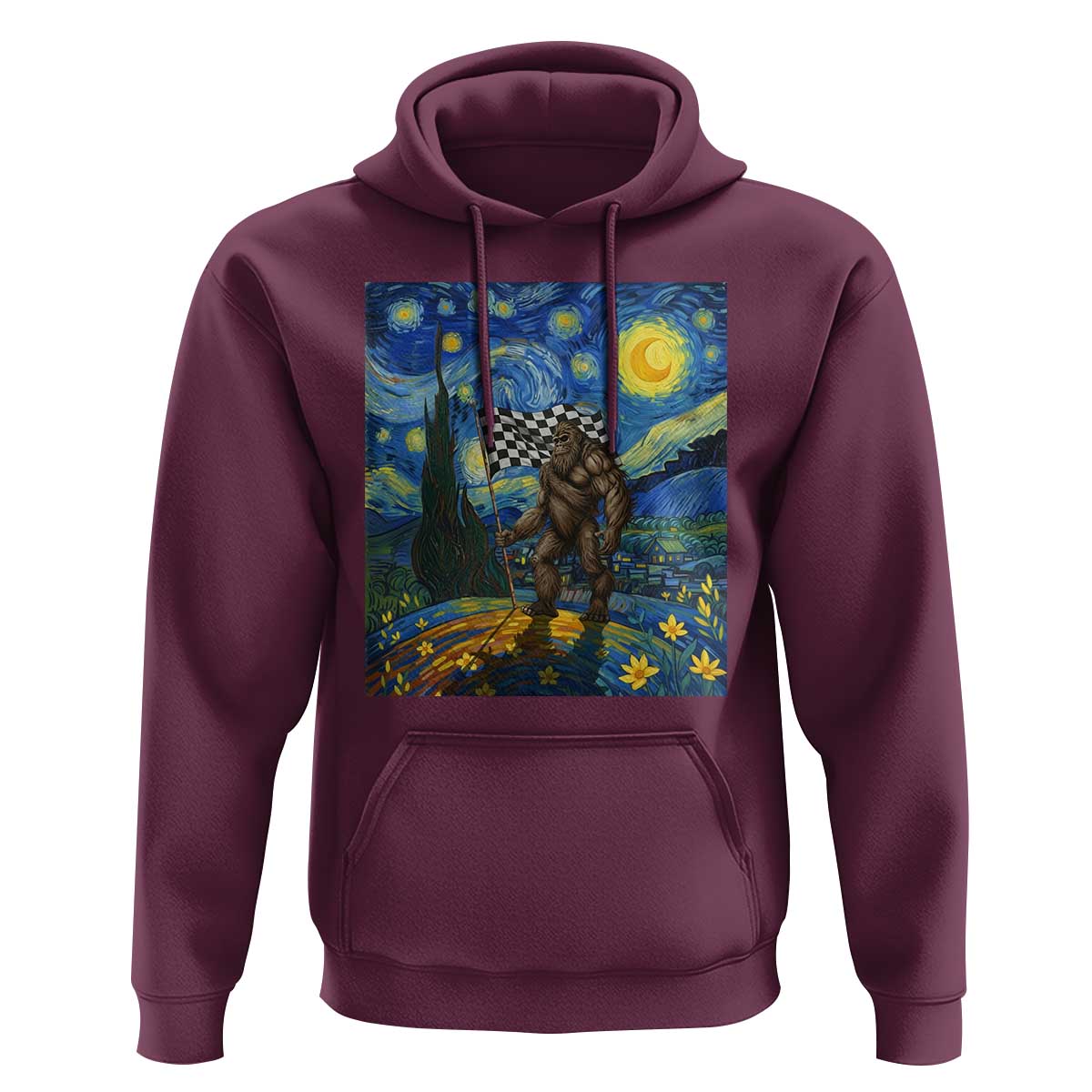 Bigfoot Racing Hoodie Sasquatch Checkered Flag Starry Night Van Gogh - Wonder Print Shop
