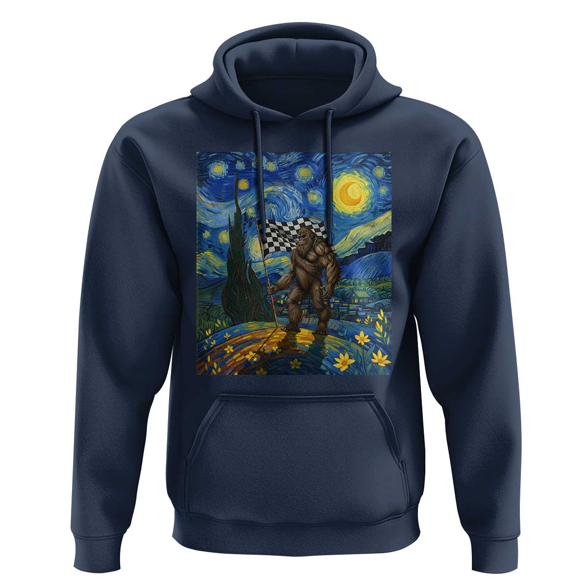 Bigfoot Racing Hoodie Sasquatch Checkered Flag Starry Night Van Gogh - Wonder Print Shop