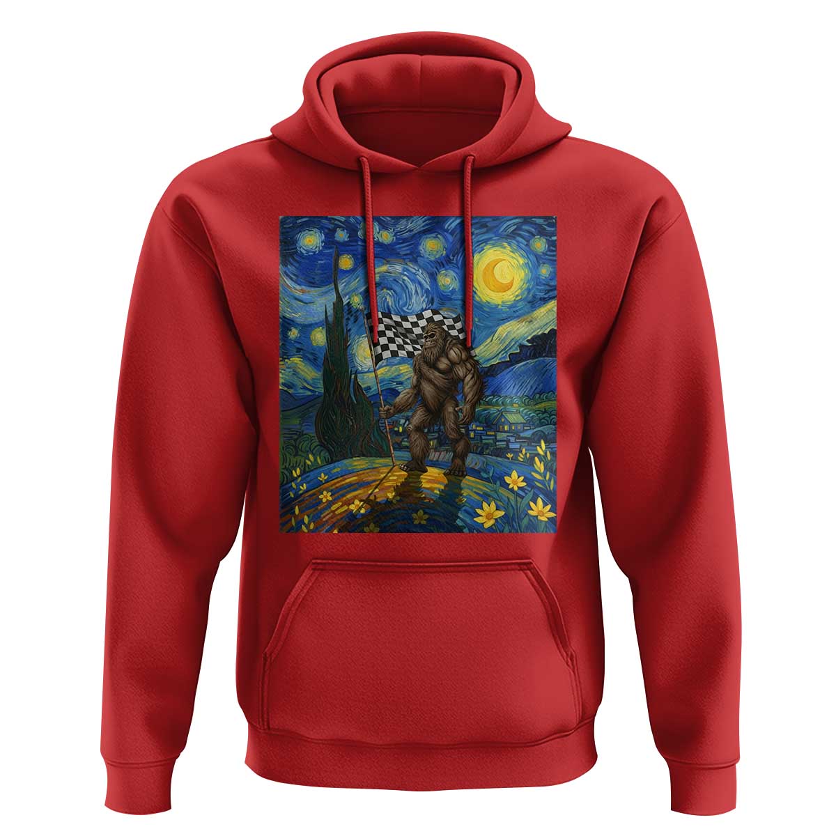 Bigfoot Racing Hoodie Sasquatch Checkered Flag Starry Night Van Gogh - Wonder Print Shop