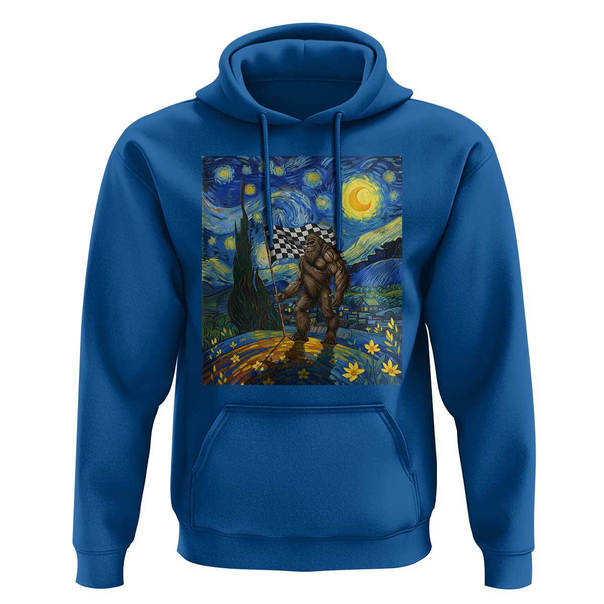Bigfoot Racing Hoodie Sasquatch Checkered Flag Starry Night Van Gogh - Wonder Print Shop