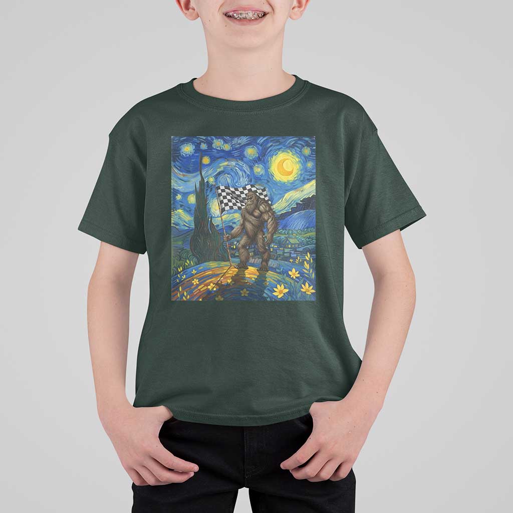 Bigfoot Racing T Shirt For Kid Sasquatch Checkered Flag Starry Night Van Gogh - Wonder Print Shop