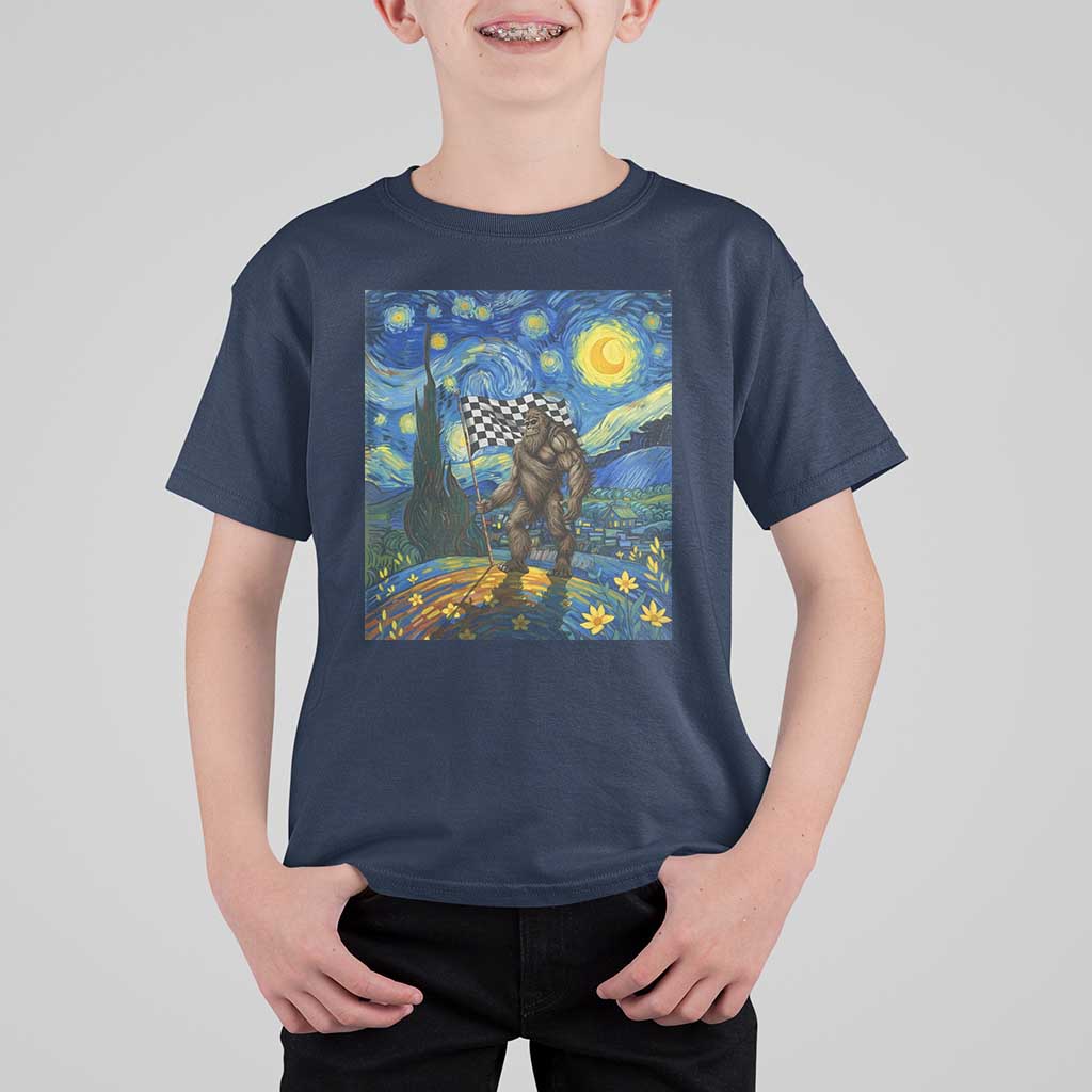Bigfoot Racing T Shirt For Kid Sasquatch Checkered Flag Starry Night Van Gogh - Wonder Print Shop