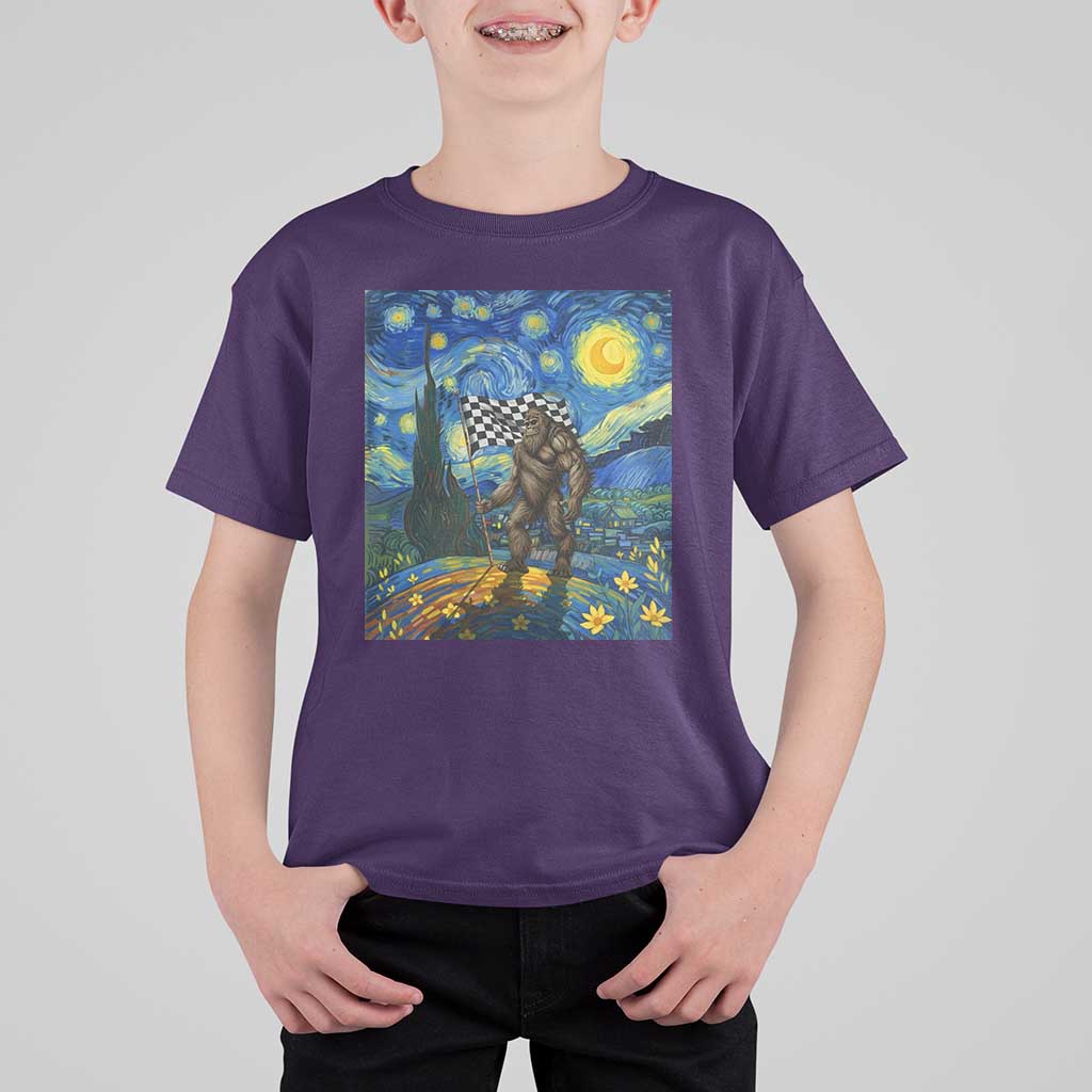 Bigfoot Racing T Shirt For Kid Sasquatch Checkered Flag Starry Night Van Gogh - Wonder Print Shop