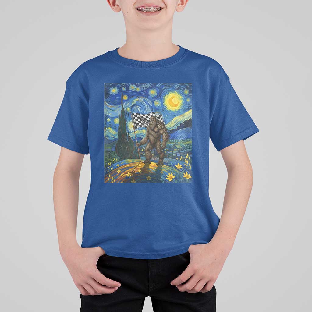 Bigfoot Racing T Shirt For Kid Sasquatch Checkered Flag Starry Night Van Gogh - Wonder Print Shop