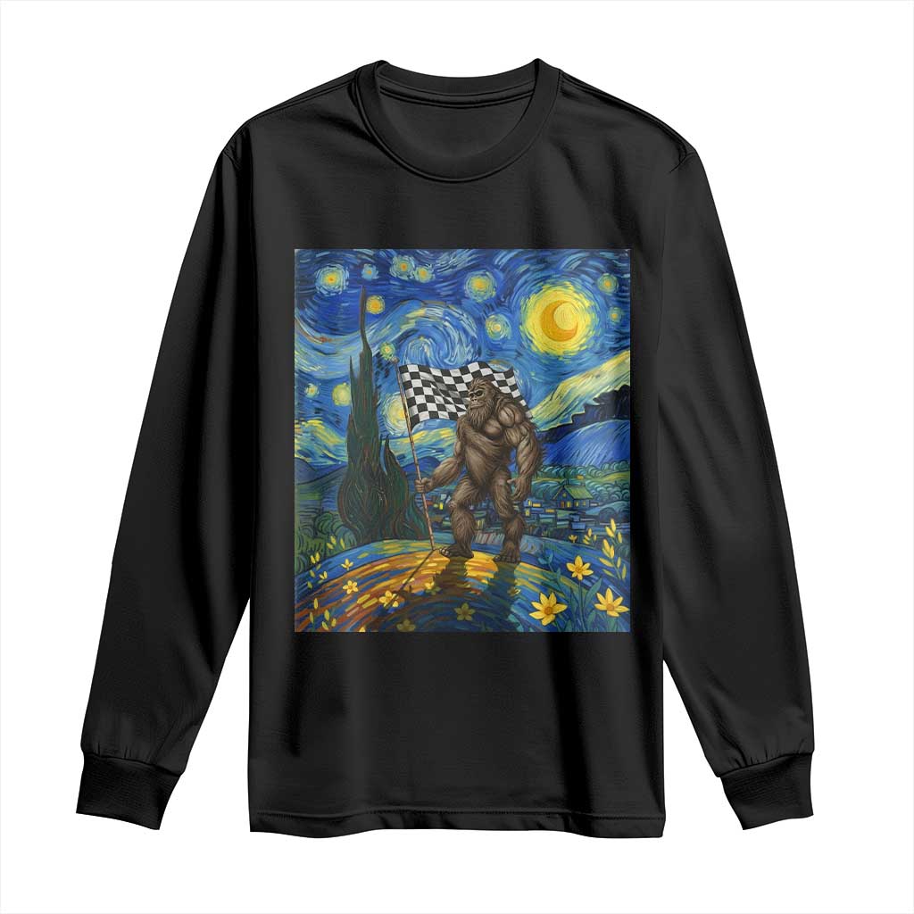 Bigfoot Racing Long Sleeve Shirt Sasquatch Checkered Flag Starry Night Van Gogh - Wonder Print Shop