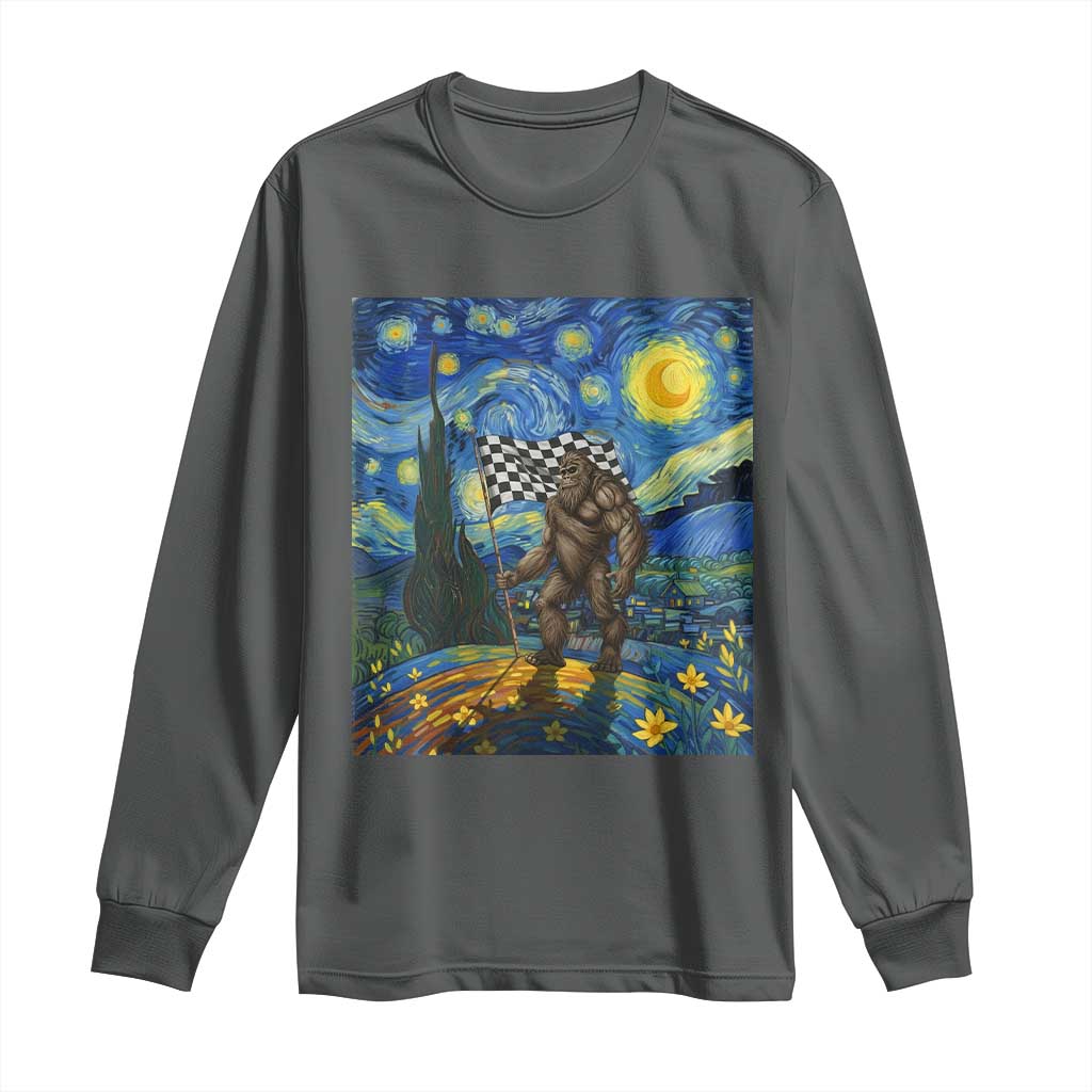 Bigfoot Racing Long Sleeve Shirt Sasquatch Checkered Flag Starry Night Van Gogh - Wonder Print Shop