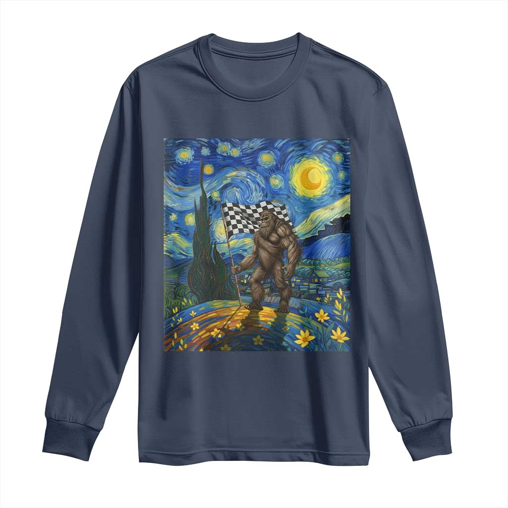 Bigfoot Racing Long Sleeve Shirt Sasquatch Checkered Flag Starry Night Van Gogh - Wonder Print Shop