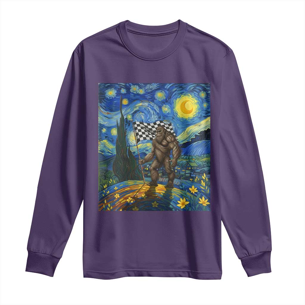 Bigfoot Racing Long Sleeve Shirt Sasquatch Checkered Flag Starry Night Van Gogh - Wonder Print Shop