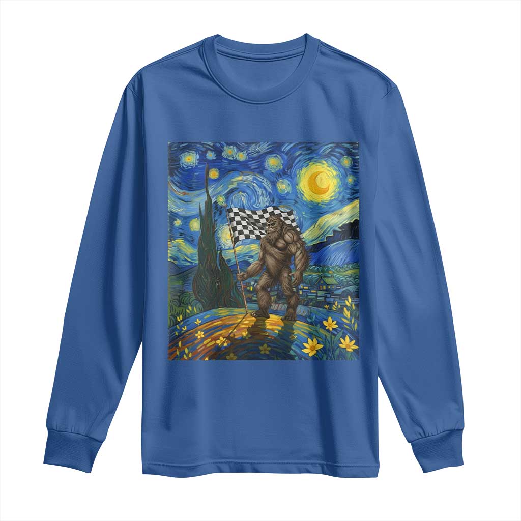 Bigfoot Racing Long Sleeve Shirt Sasquatch Checkered Flag Starry Night Van Gogh - Wonder Print Shop