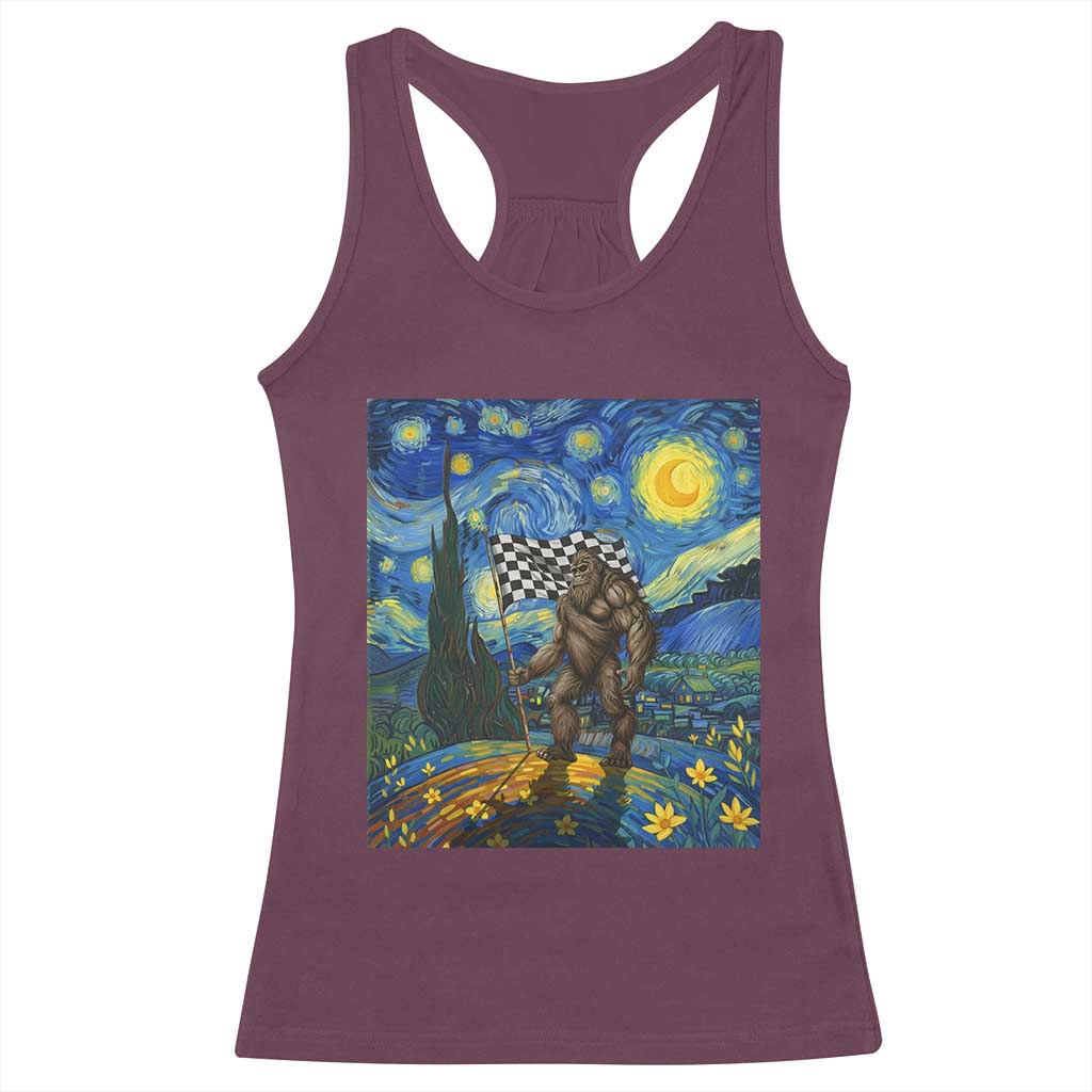 Bigfoot Racing Racerback Tank Top Sasquatch Checkered Flag Starry Night Van Gogh - Wonder Print Shop