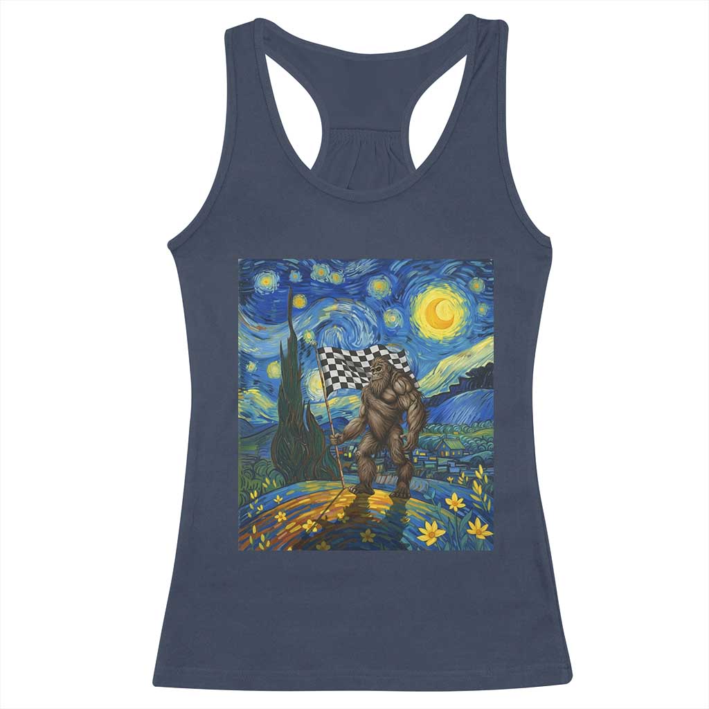 Bigfoot Racing Racerback Tank Top Sasquatch Checkered Flag Starry Night Van Gogh - Wonder Print Shop