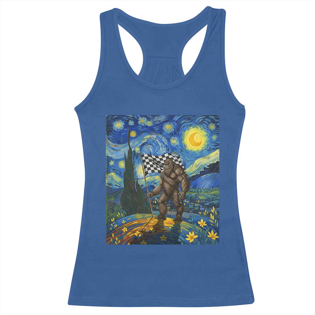 Bigfoot Racing Racerback Tank Top Sasquatch Checkered Flag Starry Night Van Gogh - Wonder Print Shop
