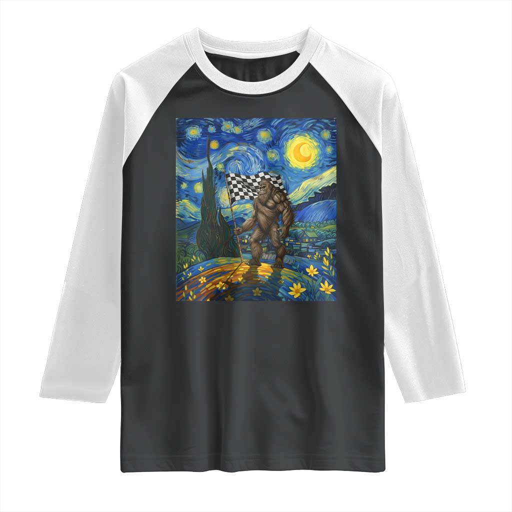 Bigfoot Racing Raglan Shirt Sasquatch Checkered Flag Starry Night Van Gogh - Wonder Print Shop