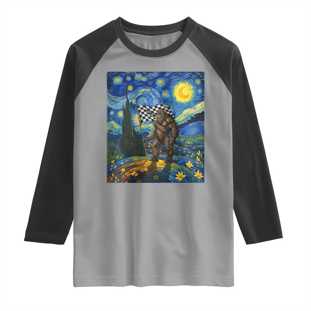 Bigfoot Racing Raglan Shirt Sasquatch Checkered Flag Starry Night Van Gogh - Wonder Print Shop