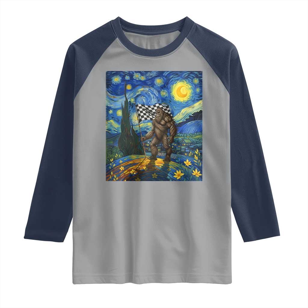 Bigfoot Racing Raglan Shirt Sasquatch Checkered Flag Starry Night Van Gogh - Wonder Print Shop