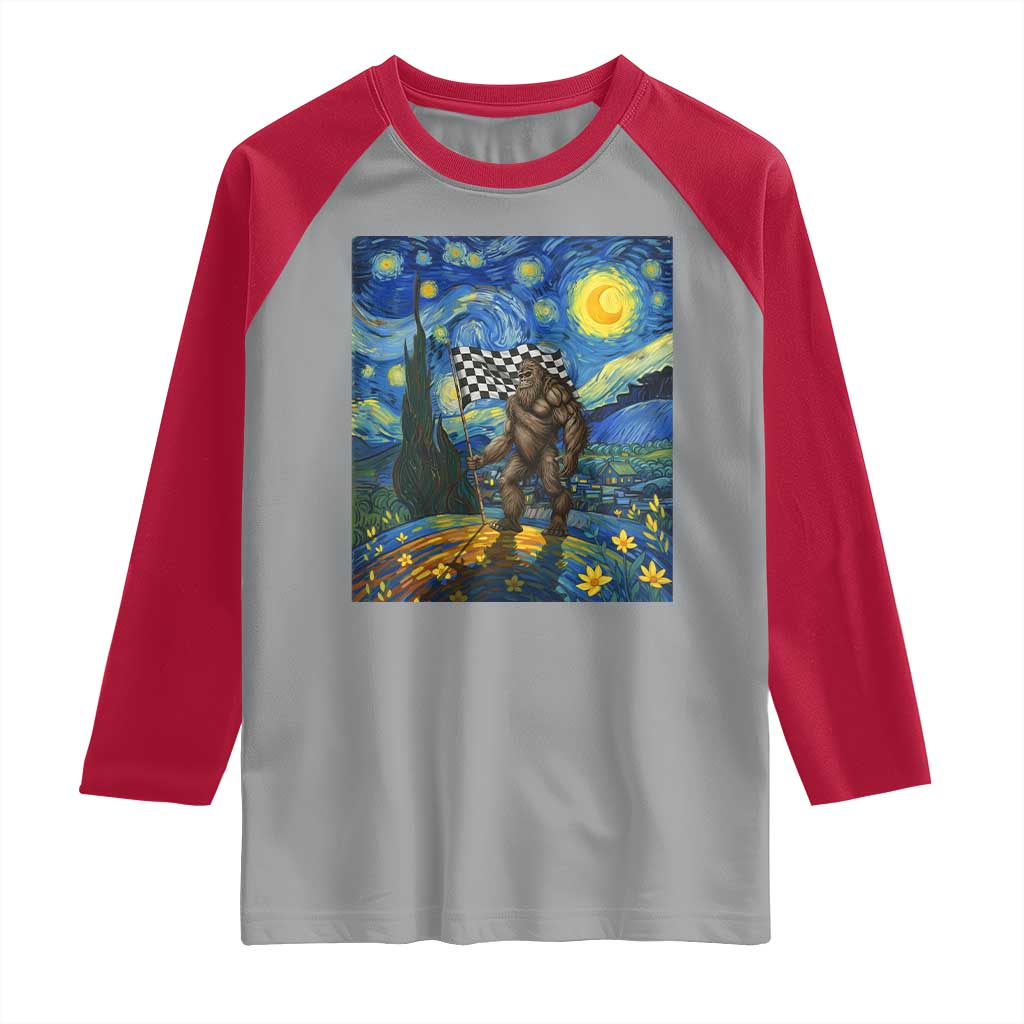 Bigfoot Racing Raglan Shirt Sasquatch Checkered Flag Starry Night Van Gogh - Wonder Print Shop