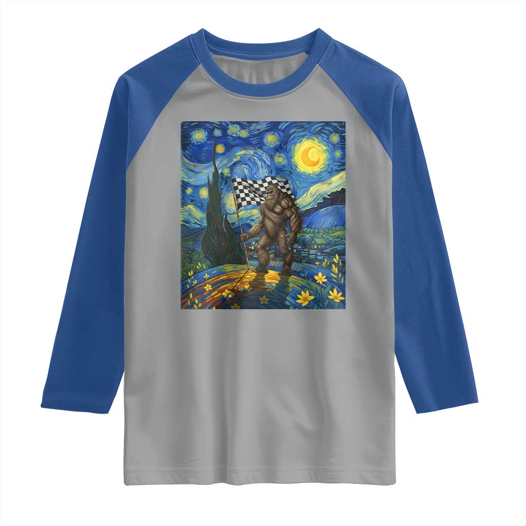 Bigfoot Racing Raglan Shirt Sasquatch Checkered Flag Starry Night Van Gogh - Wonder Print Shop