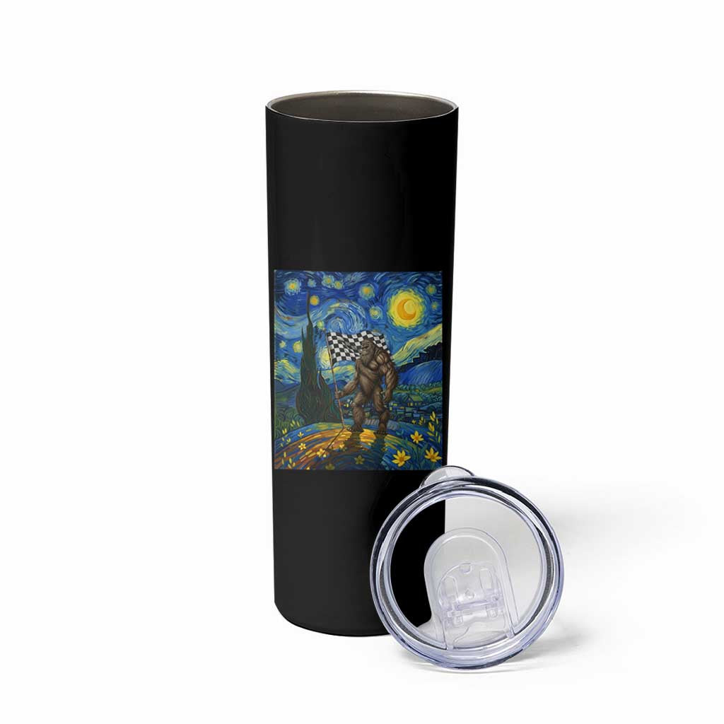 Bigfoot Racing Skinny Tumbler Sasquatch Checkered Flag Starry Night Van Gogh