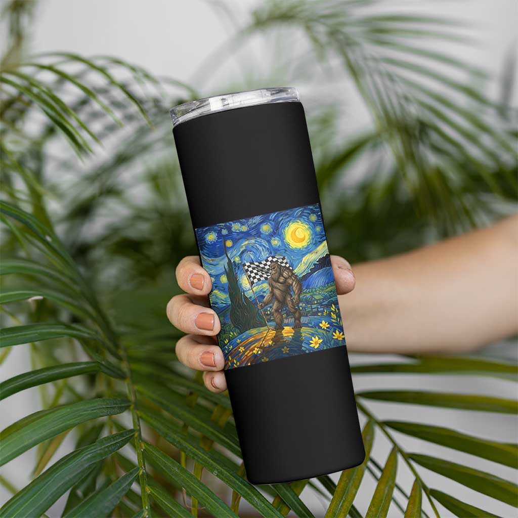 Bigfoot Racing Skinny Tumbler Sasquatch Checkered Flag Starry Night Van Gogh