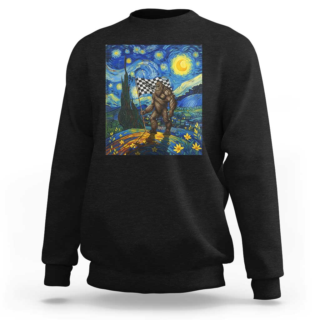 Bigfoot Racing Sweatshirt Sasquatch Checkered Flag Starry Night Van Gogh - Wonder Print Shop