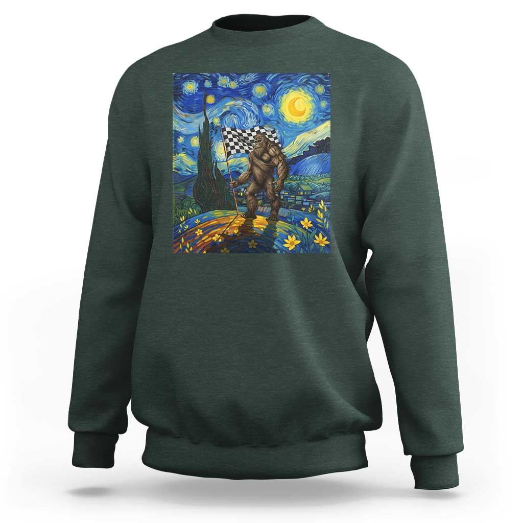 Bigfoot Racing Sweatshirt Sasquatch Checkered Flag Starry Night Van Gogh - Wonder Print Shop