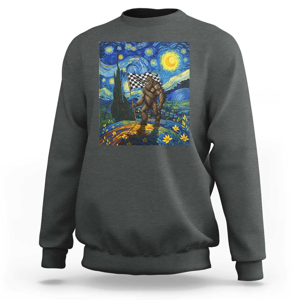 Bigfoot Racing Sweatshirt Sasquatch Checkered Flag Starry Night Van Gogh - Wonder Print Shop