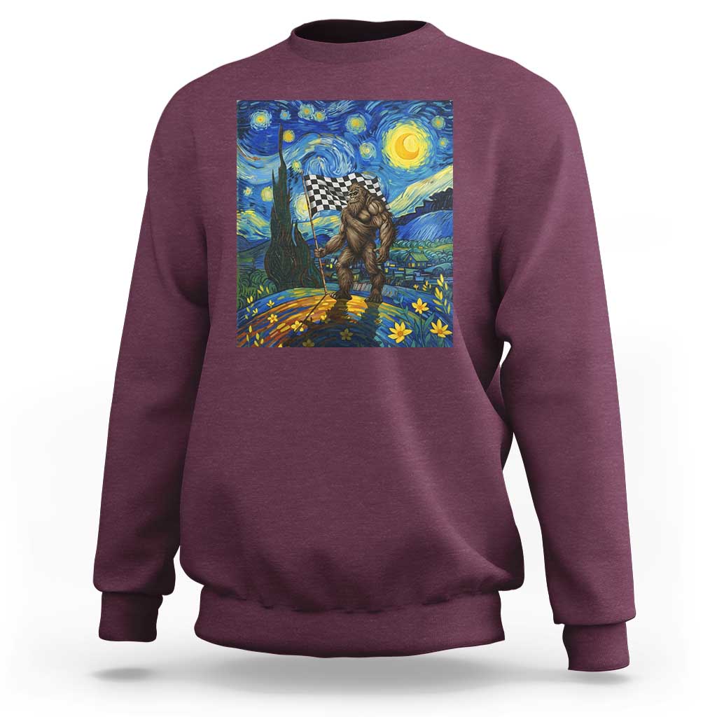 Bigfoot Racing Sweatshirt Sasquatch Checkered Flag Starry Night Van Gogh - Wonder Print Shop