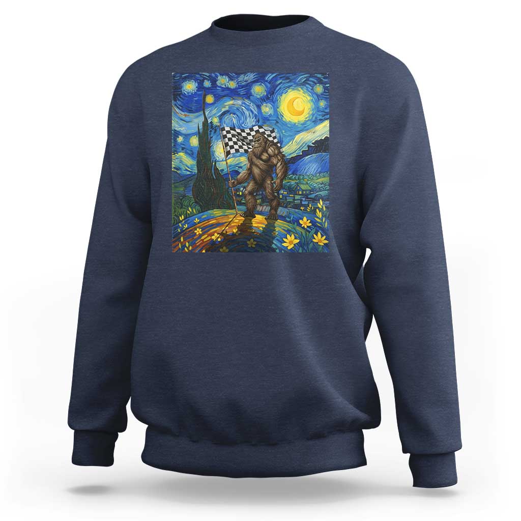 Bigfoot Racing Sweatshirt Sasquatch Checkered Flag Starry Night Van Gogh - Wonder Print Shop