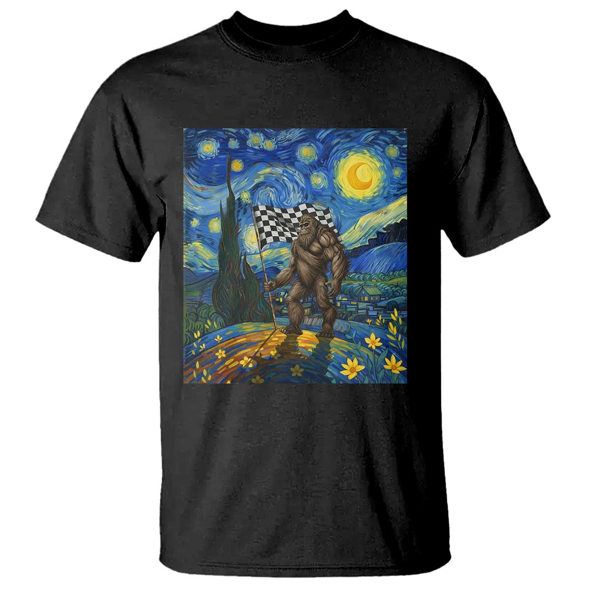 Bigfoot Racing T Shirt Sasquatch Checkered Flag Starry Night Van Gogh - Wonder Print Shop