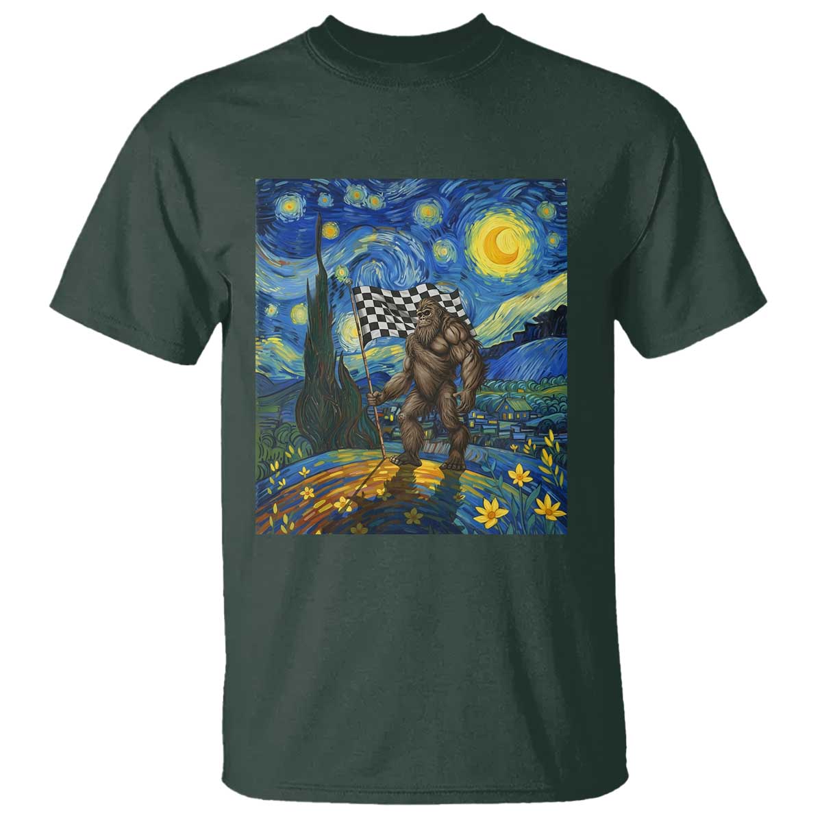 Bigfoot Racing T Shirt Sasquatch Checkered Flag Starry Night Van Gogh - Wonder Print Shop