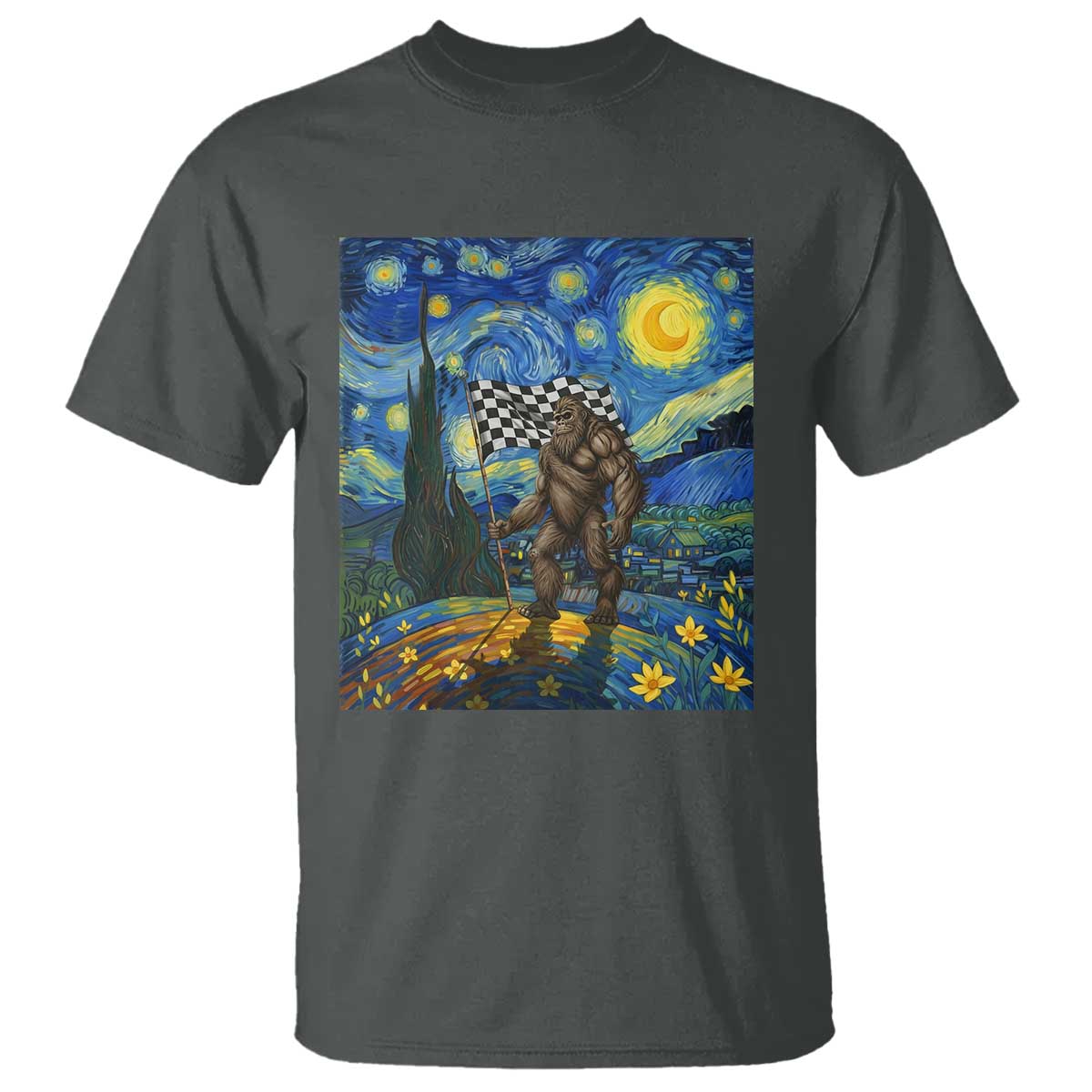 Bigfoot Racing T Shirt Sasquatch Checkered Flag Starry Night Van Gogh - Wonder Print Shop