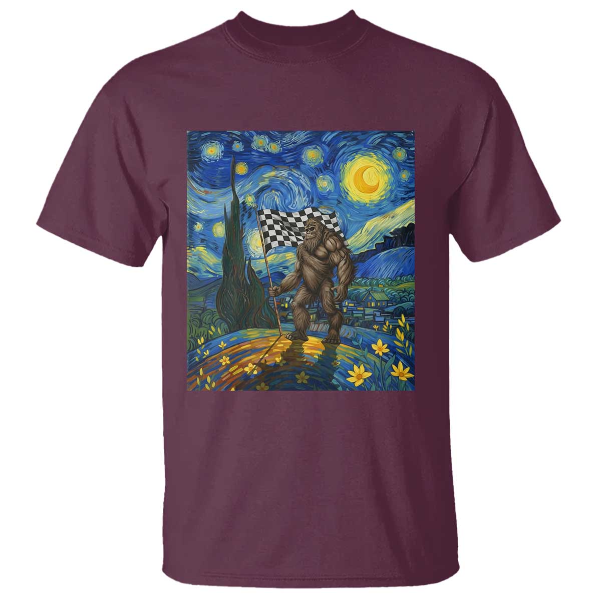 Bigfoot Racing T Shirt Sasquatch Checkered Flag Starry Night Van Gogh - Wonder Print Shop
