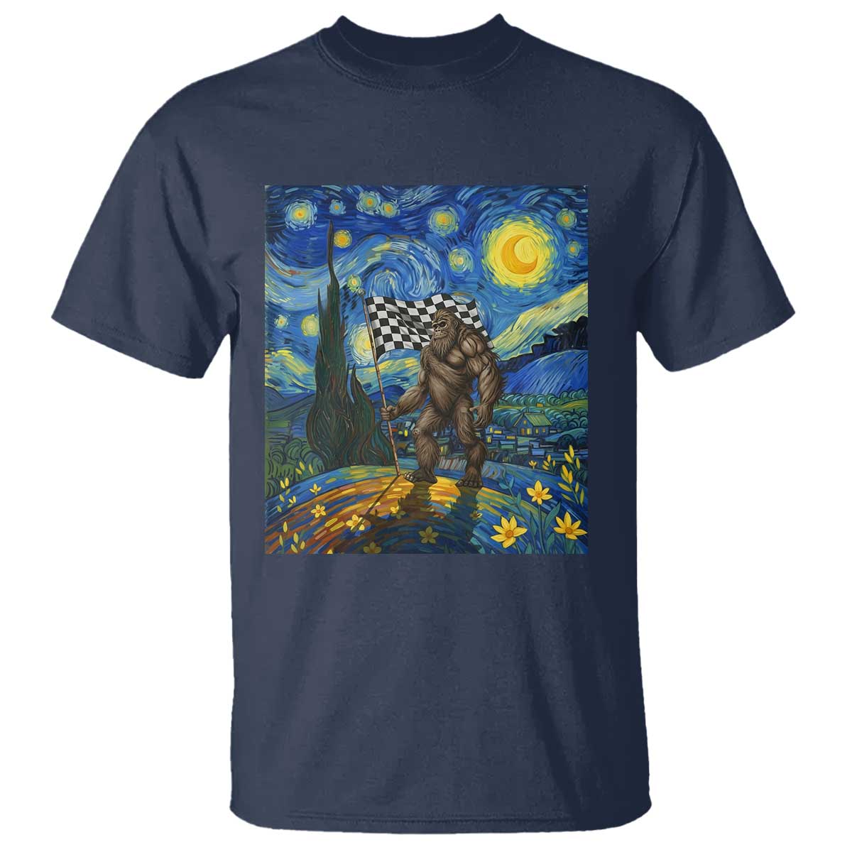 Bigfoot Racing T Shirt Sasquatch Checkered Flag Starry Night Van Gogh - Wonder Print Shop