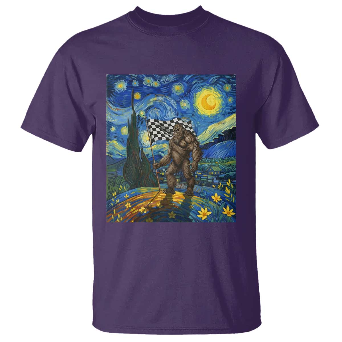 Bigfoot Racing T Shirt Sasquatch Checkered Flag Starry Night Van Gogh - Wonder Print Shop