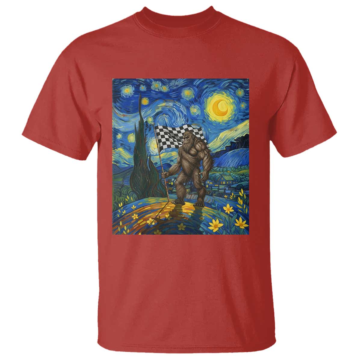 Bigfoot Racing T Shirt Sasquatch Checkered Flag Starry Night Van Gogh - Wonder Print Shop