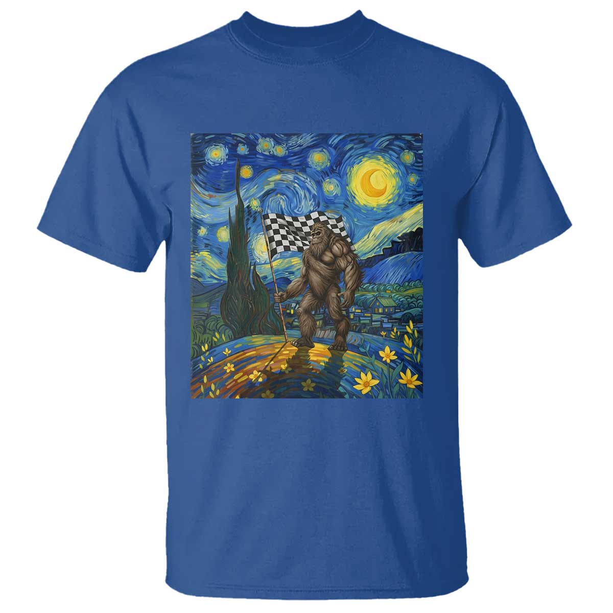 Bigfoot Racing T Shirt Sasquatch Checkered Flag Starry Night Van Gogh - Wonder Print Shop